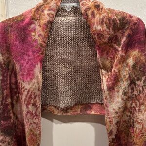 Saldarini Gray Wool Loose Knit Scarf with Reddish Patterned Mohair Blend Overlay